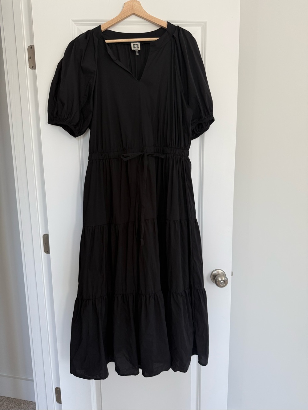 Anne Klein Black Tiered Midi Dress with Puff Sleeves